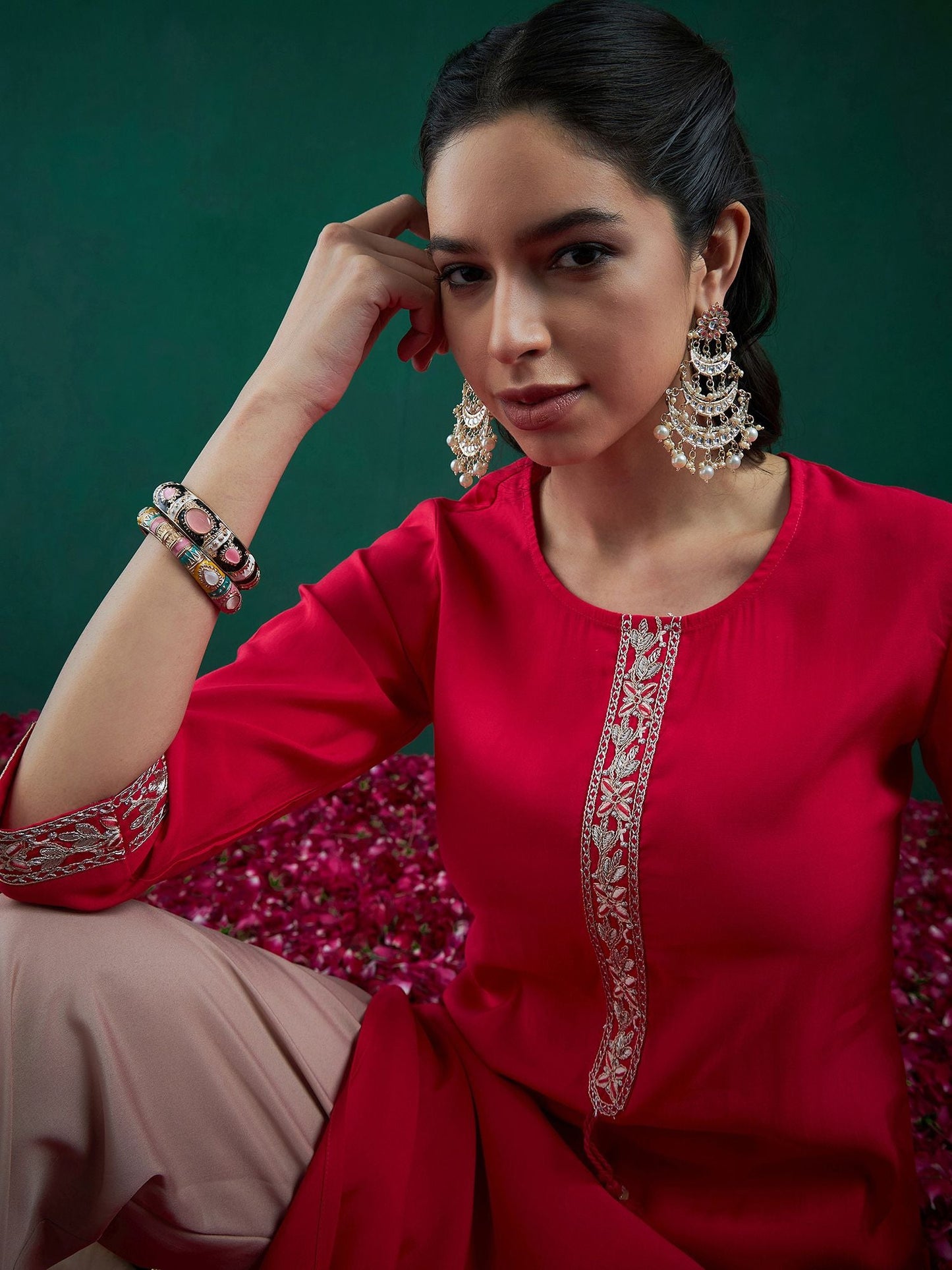 Dhiyona IE Women Floral Cold-Shoulder Sleeves Chanderi Silk Kurta