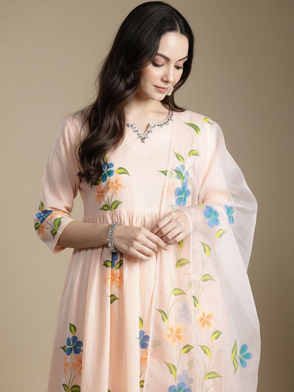 Floral Printed V-Neck Empire Pure Cotton A-Line Kurta With Trousers & Dupatta