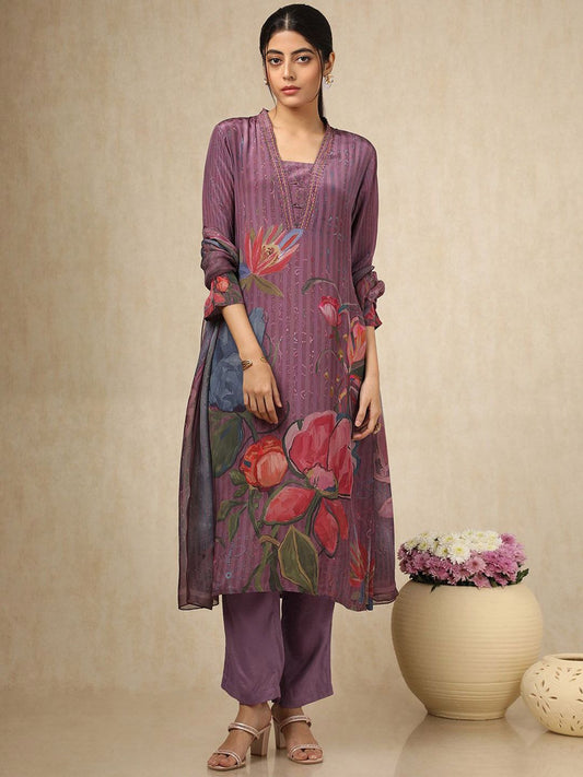Dhiyona SO Women's Floral Printed Square Neck Beads and Stones Silk Crepe Kurta With Trousers & Dupatta