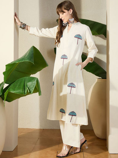 Dhiyona IE Embroidered Mandarin Collar Pure Cotton Tunic With Trousers