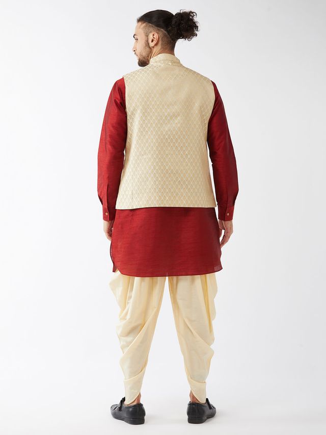 Men's Maroon Silk Blend Straight Jacket  Kurta and Dhoti Set