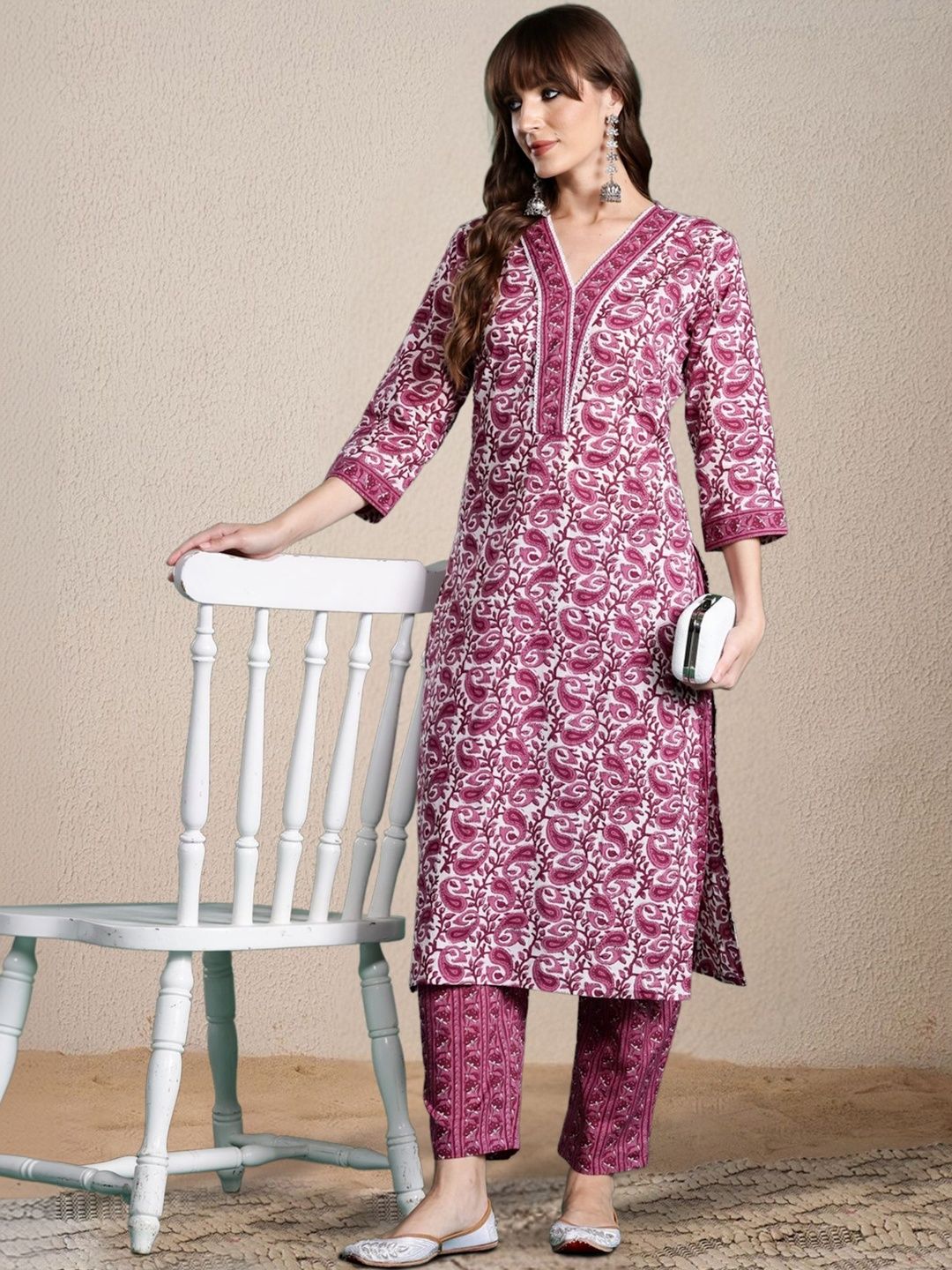 Women Ethnic Motifs Printed Regular Thread Work Pure Cotton Kurta with Trousers