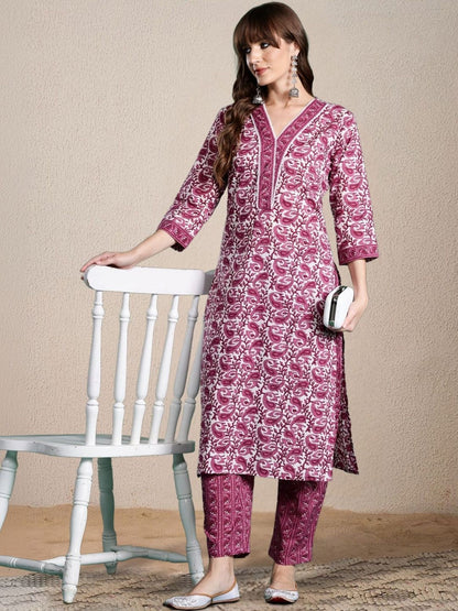 Women Ethnic Motifs Printed Regular Thread Work Pure Cotton Kurta with Trousers