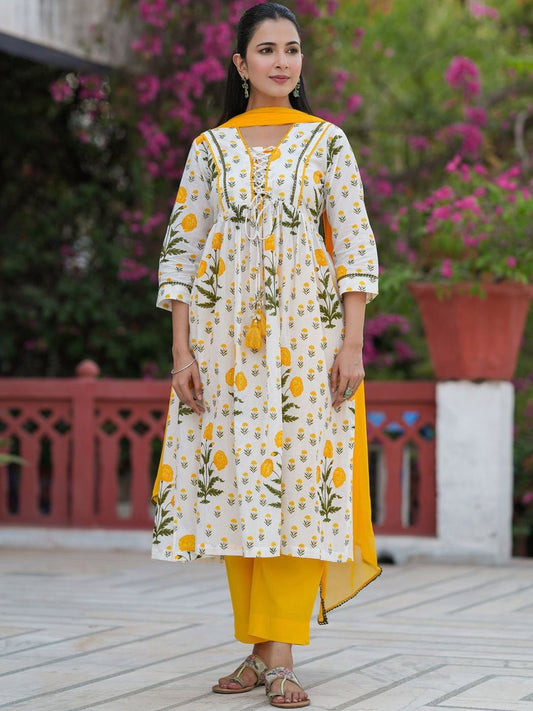 Dhiyona RR Women's Floral Printed Regular Pure Cotton Kurta & Trousers With Dupatta