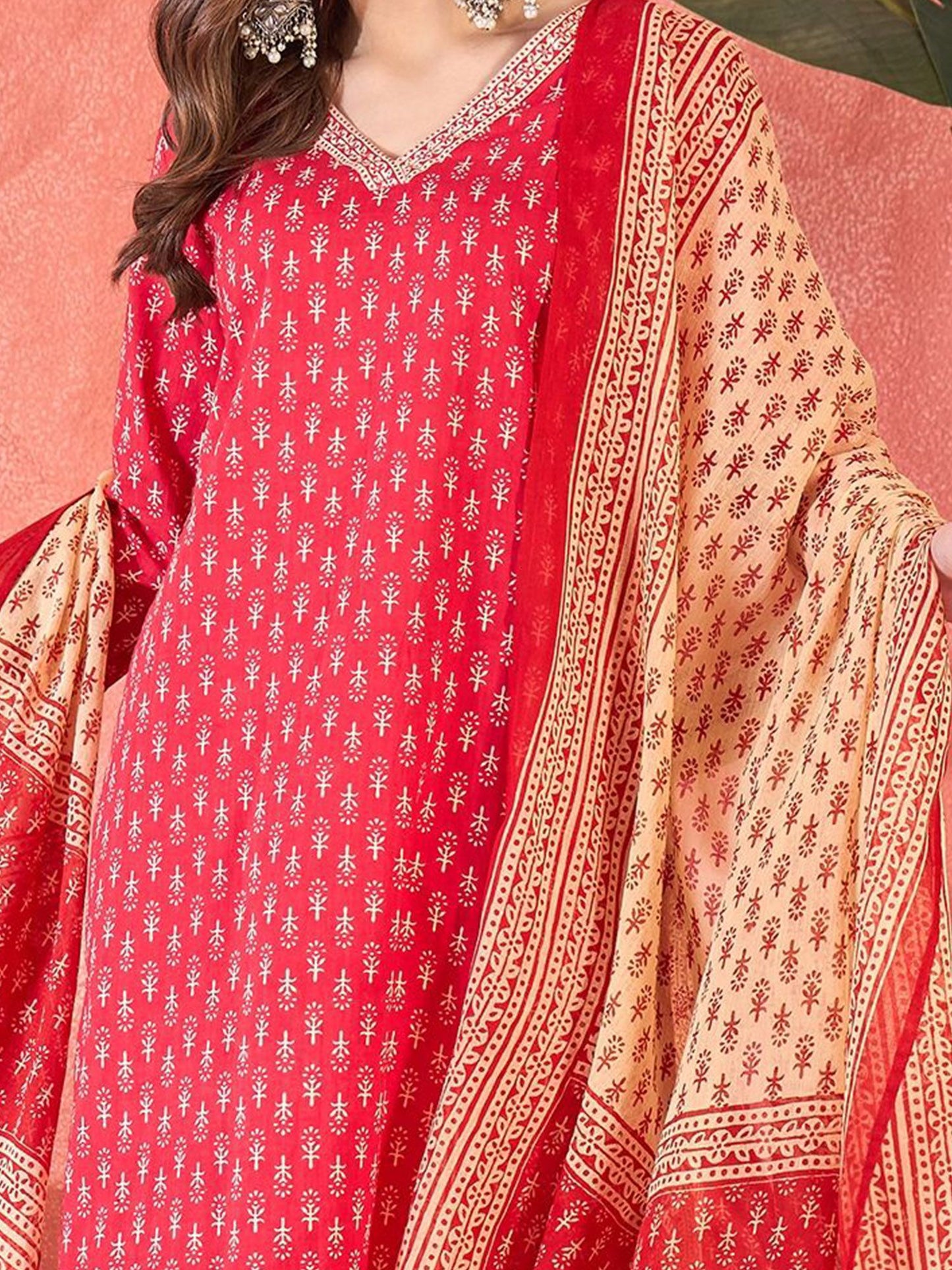 Dhiyona SN Women's SangriaFloral Printed V Neck Pure Cotton Kurta With Trousers & Dupatta