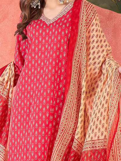Dhiyona SN Women's SangriaFloral Printed V Neck Pure Cotton Kurta With Trousers & Dupatta