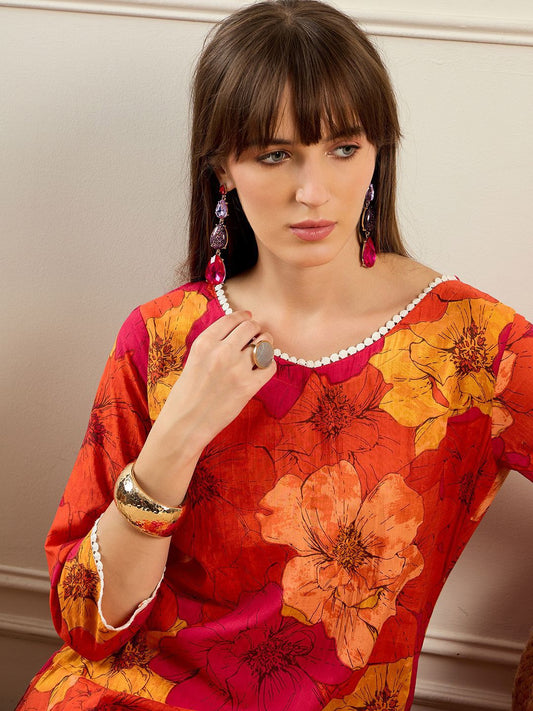 Floral Printed V-Neck Pure Cotton Straight Kurta With Trousers