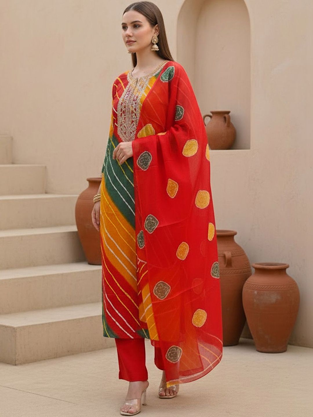 Women Leheriya Printed Regular Thread Work Kurta with Trousers & With Dupatta