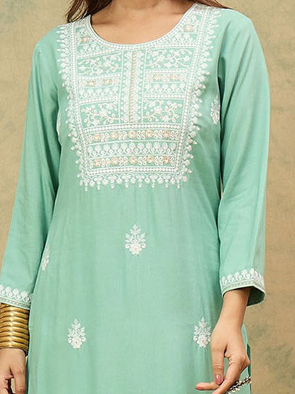 Dhiyona VA Women's Ethnic Motifs Embroidered Round Neck Straight Kurta with Trousers & Dupatta