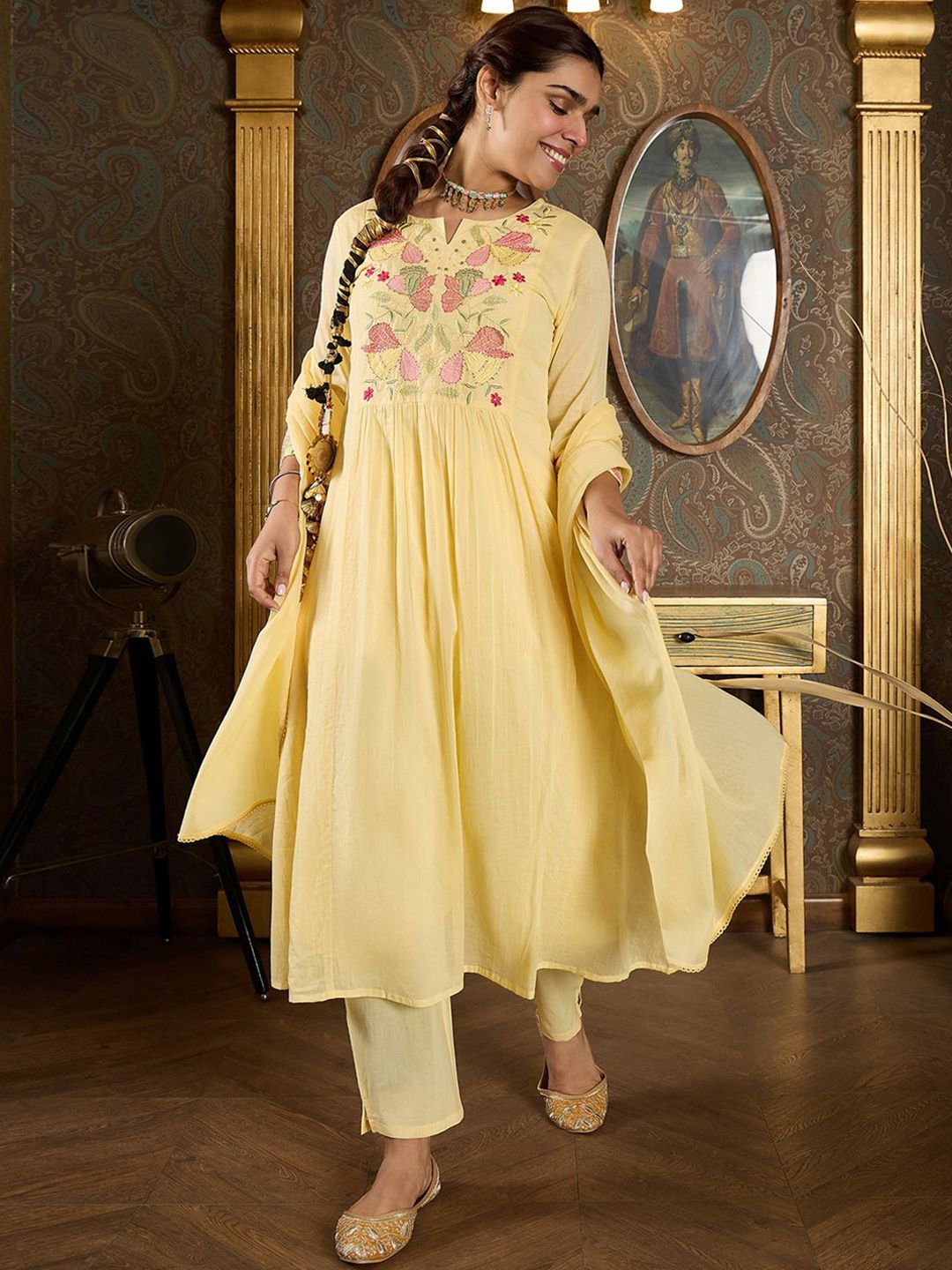 Embroidered Notch Neck Panelled A Line Pure Cotton Kurta With Trousers & Dupatta