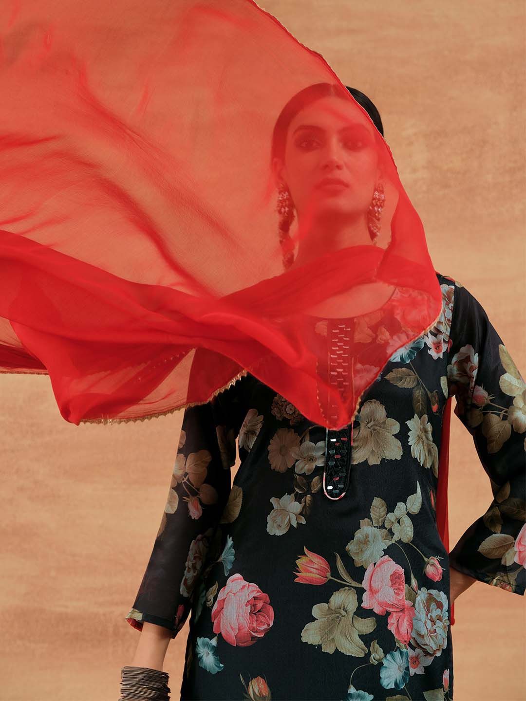Dhiyona IS Women's Women Floral Printed Regular Mirror Work Kurta Set With Dupatta