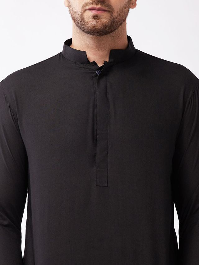Men's Black Cotton Blend Pathani Kurta and Patiala Set