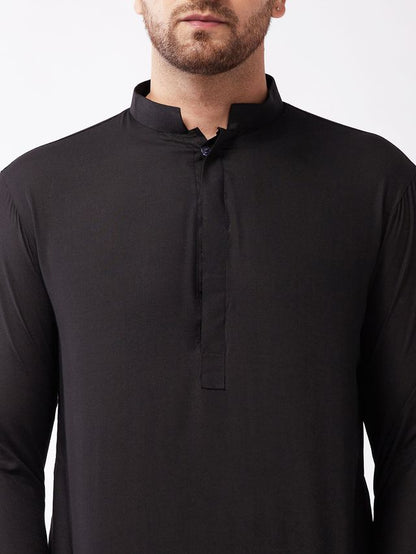 Men's Black Cotton Blend Pathani Kurta and Patiala Set