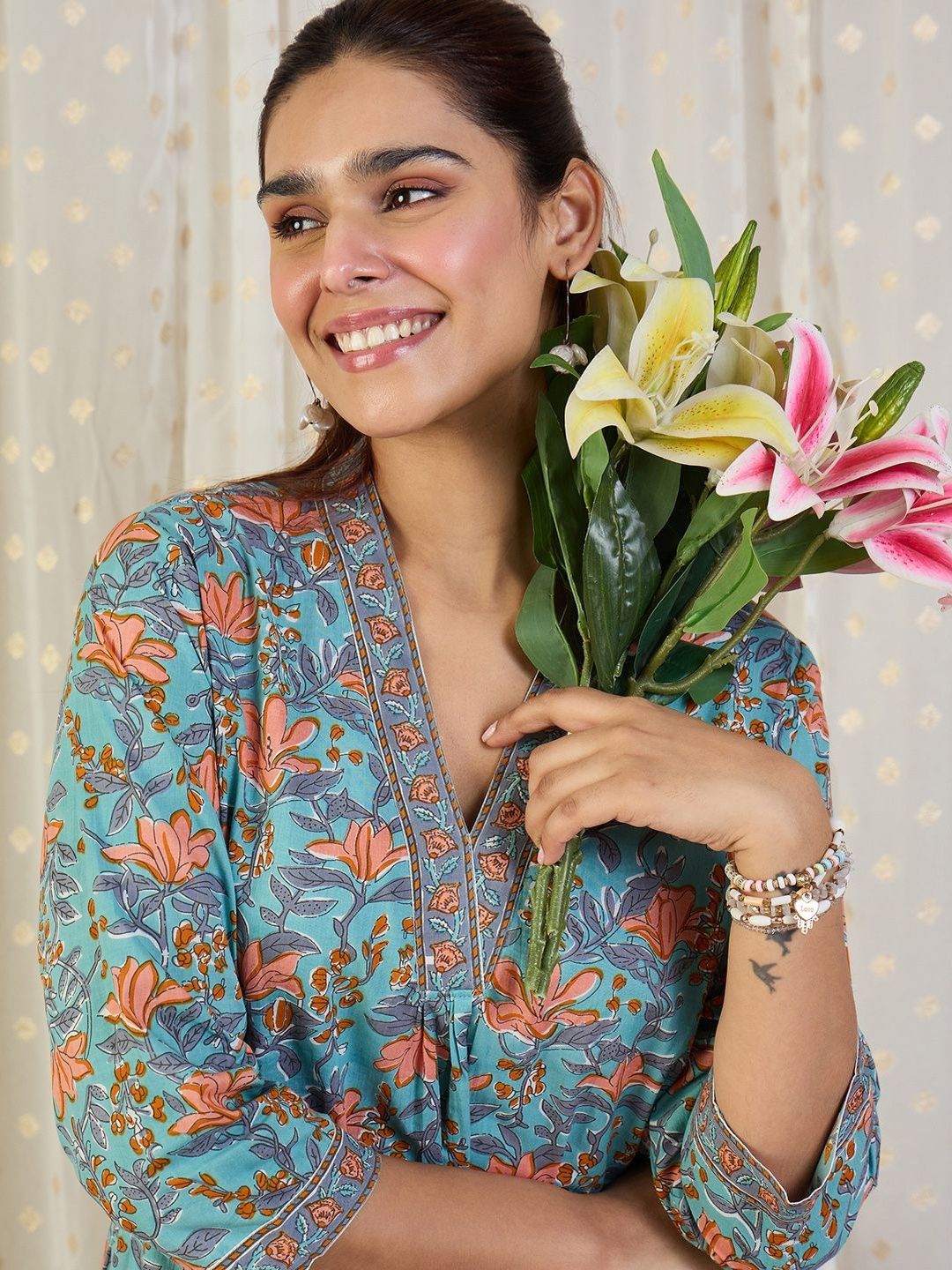 Dhiyona IE Printed Pure Cotton V-Neck Top With Trousers Co-Ords