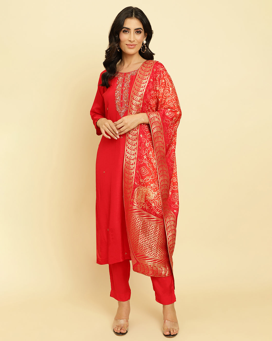Dhiyona VR Women's Burgundy Embroidered Kurta Paired With Dupatta And Sharara