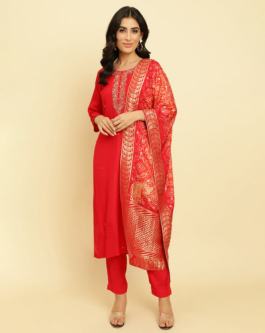Dhiyona VR Women's Burgundy Embroidered Kurta Paired With Dupatta And Sharara