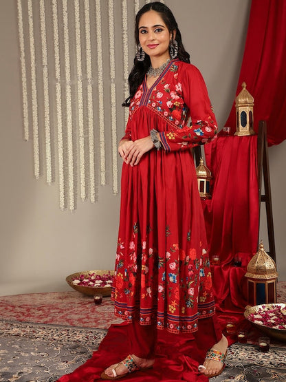 Dhiyona VR Women's Red Floral Printed Anarkali Kurta Paired With Tonal Bottom And Tonal Solid Chiffon Dupatta