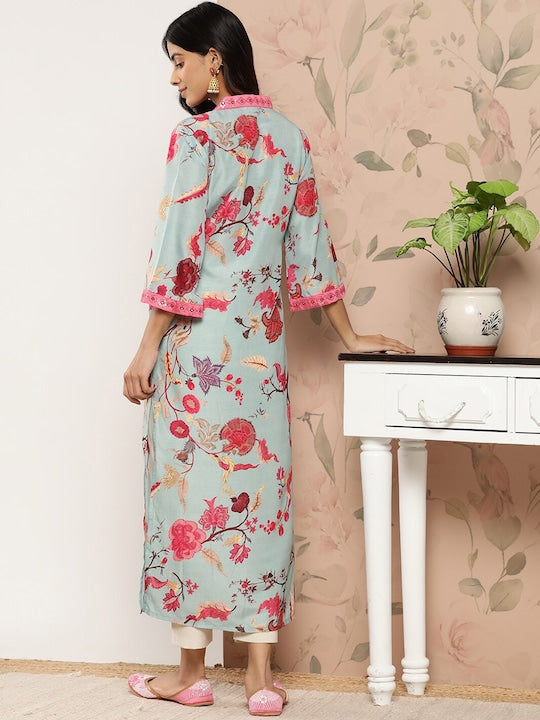Dhiyona VR Women's Sea Green Floral Printed Straight Kurta With 3/4Th Bell Sleeve