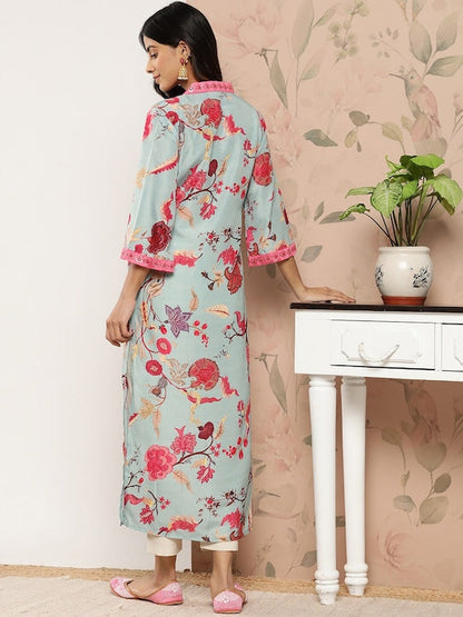 Dhiyona VR Women's Sea Green Floral Printed Straight Kurta With 3/4Th Bell Sleeve