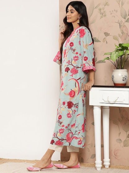 Dhiyona VR Women's Sea Green Floral Printed Straight Kurta With 3/4Th Bell Sleeve