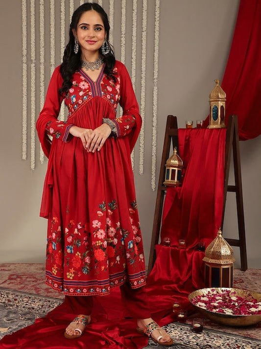 Dhiyona VR Women's Red Floral Printed Anarkali Kurta Paired With Tonal Bottom And Tonal Solid Chiffon Dupatta
