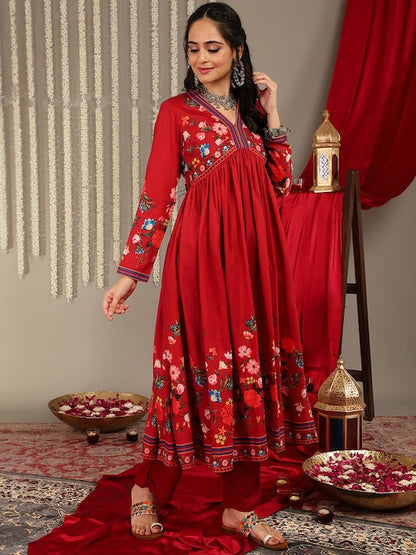 Dhiyona VR Women's Red Floral Printed Anarkali Kurta Paired With Tonal Bottom And Tonal Solid Chiffon Dupatta