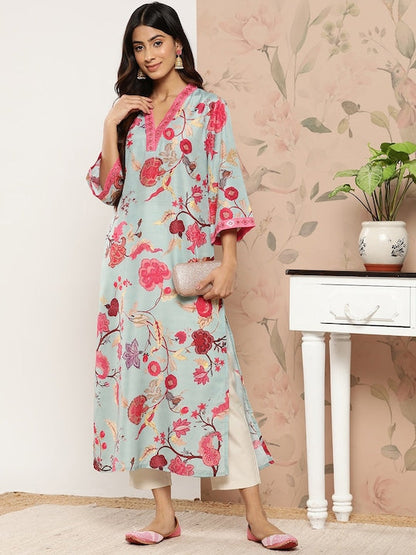 Dhiyona VR Women's Sea Green Floral Printed Straight Kurta With 3/4Th Bell Sleeve