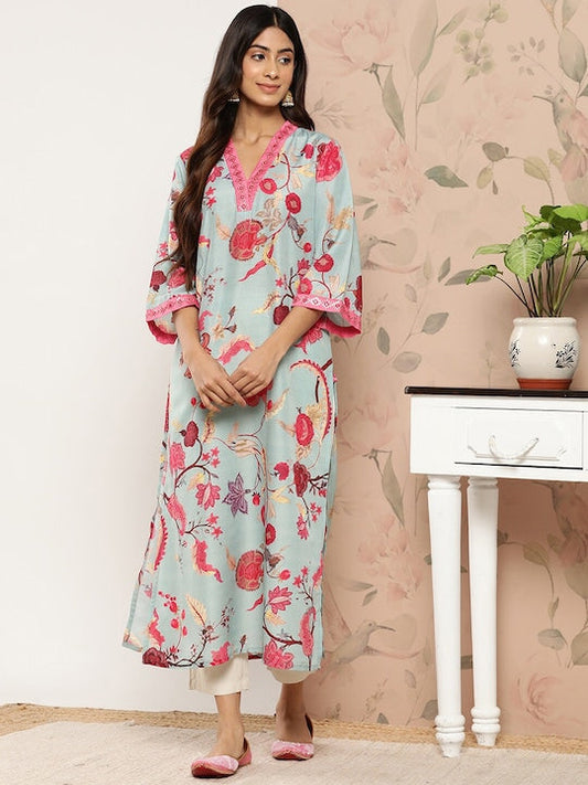 Dhiyona VR Women's Sea Green Floral Printed Straight Kurta With 3/4Th Bell Sleeve