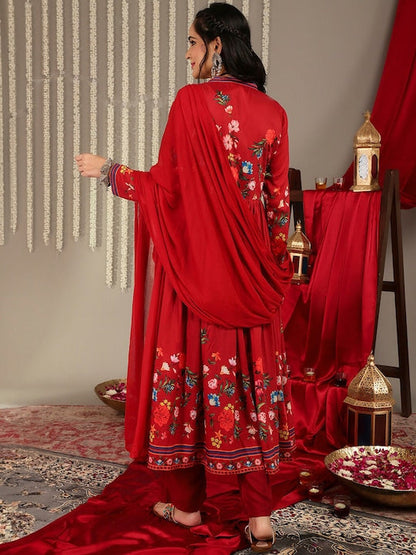 Dhiyona VR Women's Red Floral Printed Anarkali Kurta Paired With Tonal Bottom And Tonal Solid Chiffon Dupatta