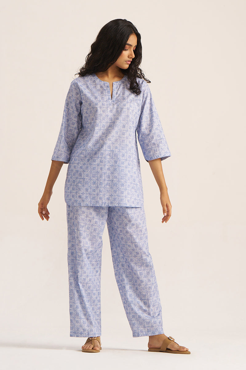 Women's Powder Blue and White Pure Cotton Loungewear