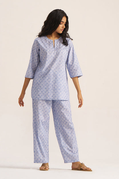 Women's Powder Blue and White Pure Cotton Loungewear