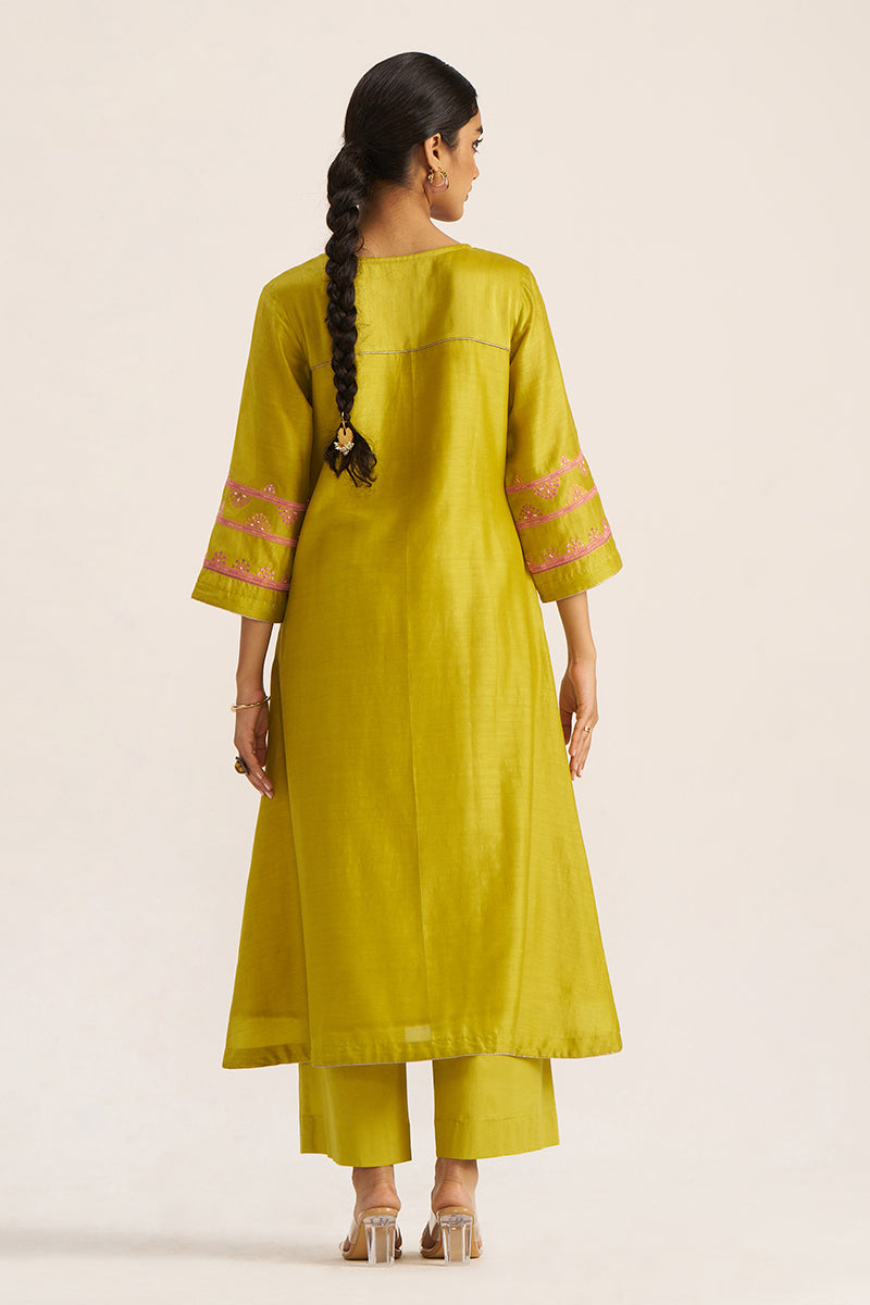 Women's Cress Green Chanderi Banjara Embroidery Co-ord Set