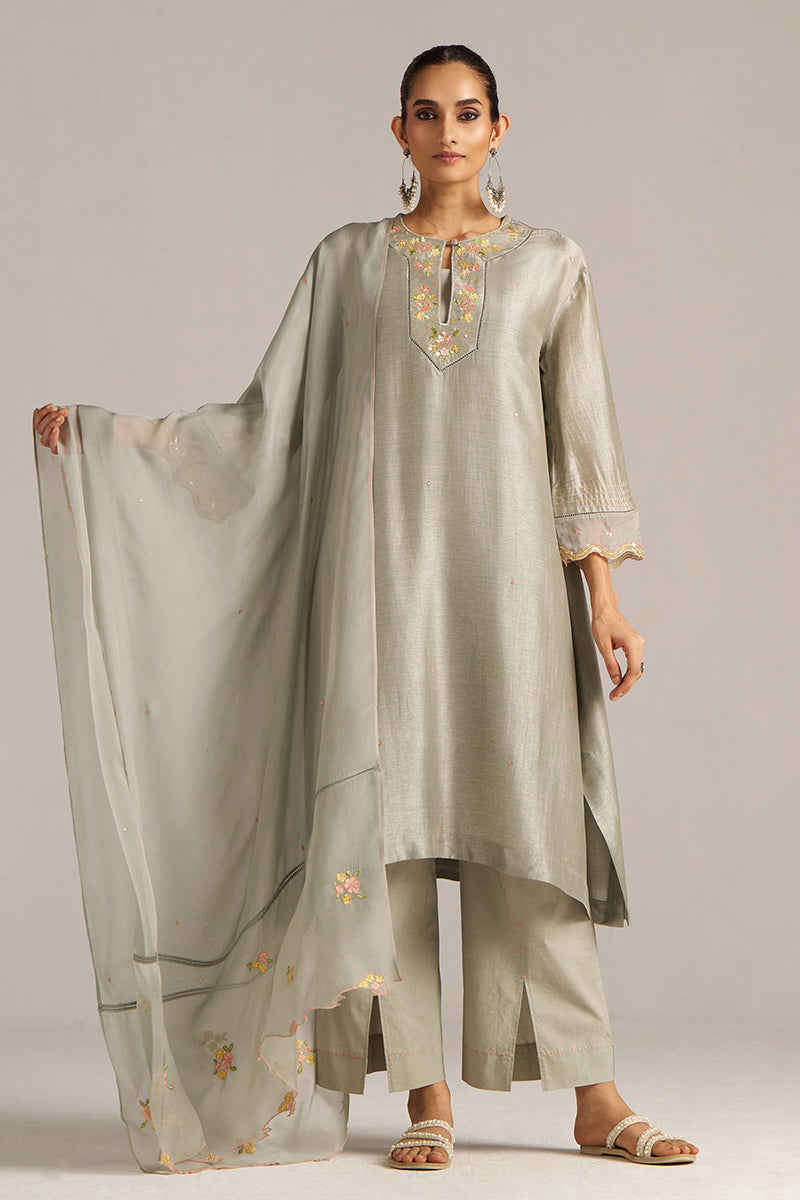Dhiyona GF Women's Seagrass Grey Raw Silk Festive Kurta Set