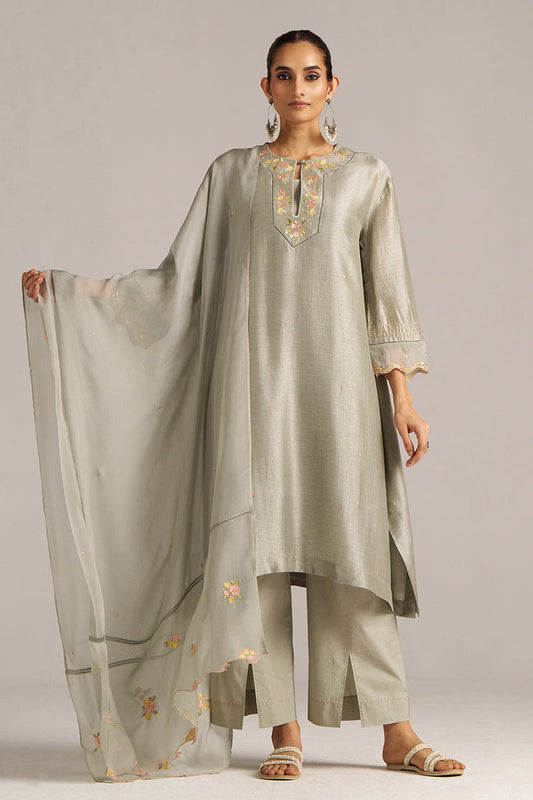 Dhiyona GF Women's Seagrass Grey Raw Silk Festive Kurta Set