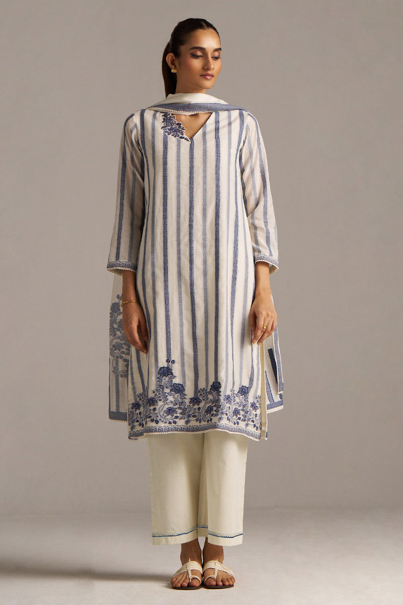 Dhiyona GF Women's Off-White And Blue Woven-Chanderi Kurta Set
