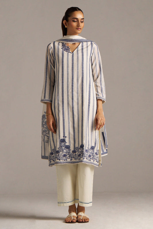 Dhiyona GF Women's Off-White And Blue Woven-Chanderi Kurta Set