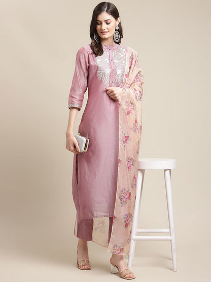 Dhiyona VA Women's Mauve Floral & Peach Yoke Design Chanderi Silk Kurta Set