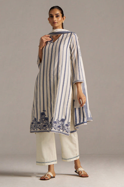 Dhiyona GF Women's Off-White And Blue Woven-Chanderi Kurta Set