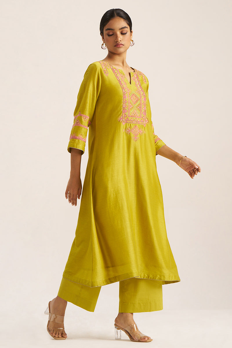 Women's Cress Green Chanderi Banjara Embroidery Co-ord Set