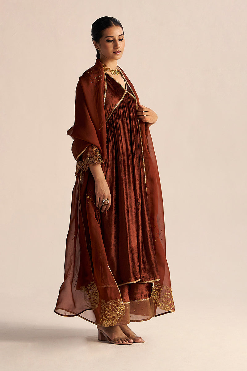 side view full body Sequoia Brown Velvet Festive Kurta Set
