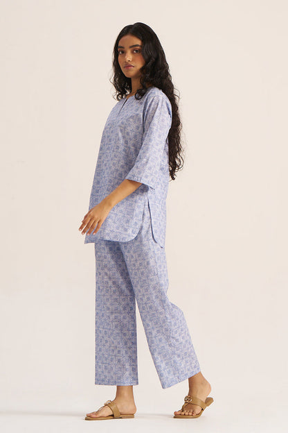 Women's Powder Blue and White Pure Cotton Loungewear