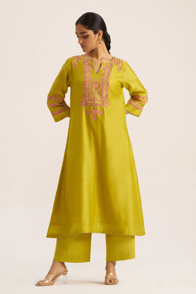 Women's Cress Green Chanderi Banjara Embroidery Co-ord Set