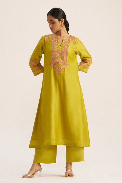 Women's Cress Green Chanderi Banjara Embroidery Co-ord Set
