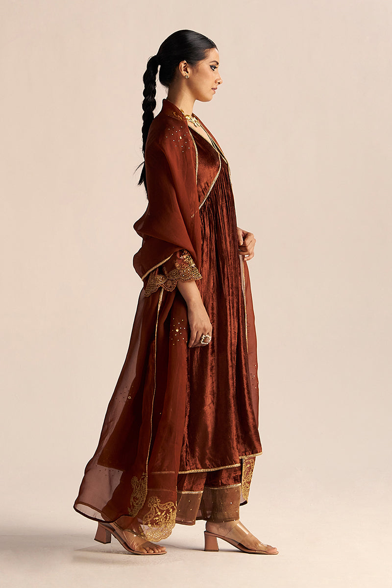 side view full body Sequoia Brown Velvet Festive Kurta Set