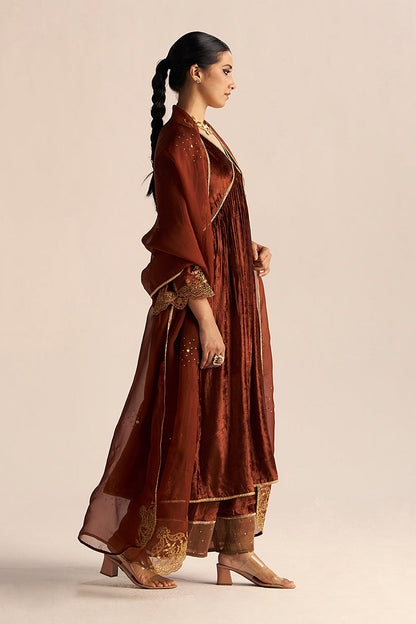 side view full body Sequoia Brown Velvet Festive Kurta Set