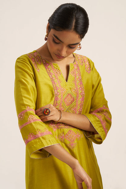 Women's Cress Green Chanderi Banjara Embroidery Co-ord Set