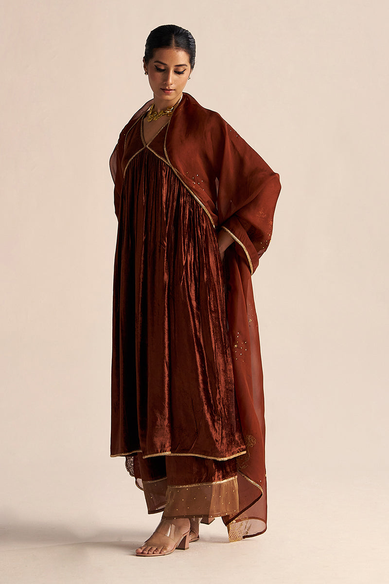 front full body viewSequoia Brown Velvet Festive Kurta Set