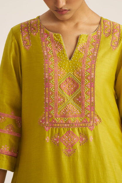 Women's Cress Green Chanderi Banjara Embroidery Co-ord Set