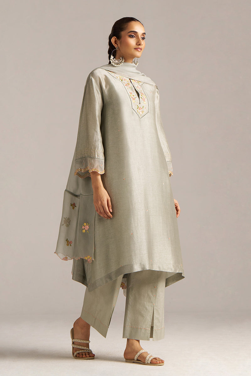 Dhiyona GF Women's Seagrass Grey Raw Silk Festive Kurta Set