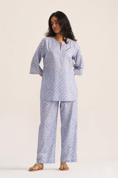 Women's Powder Blue and White Pure Cotton Loungewear